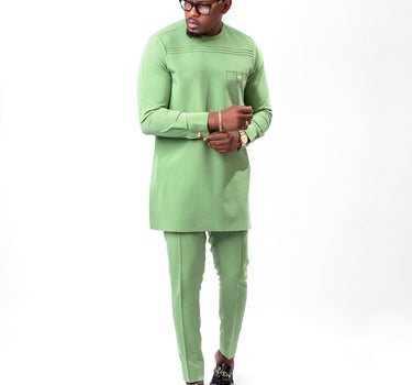 Plus Size Green Pleated Design Long Sleeve Men's Set