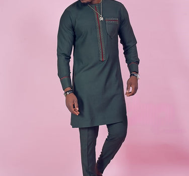 African Green Embroidered Pocket Long Sleeve Men's Set