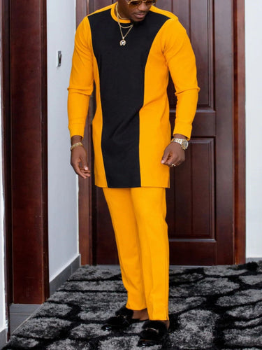 TACOHEAL African Casual Yellow Colorblock Men's Pants Set
