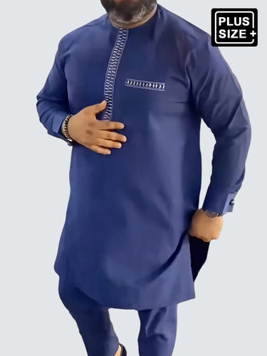 TACOHEAL Plus Size Blue Embroidered Shirt With Pants