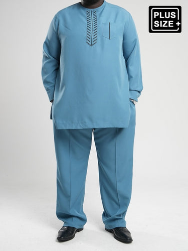 Plus Size African Men's Blue Embroidered Long Sleeve Set