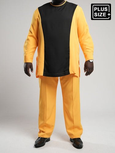 Plus Size Casual Yellow Colorblock Long Sleeve Men's Set