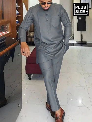 Plus Size African Plain Black Long Sleeve Men's Set