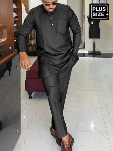 TACOHEAL Plus Size Plain Black Long Sleeve Men's Pants Set