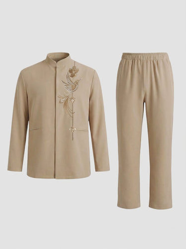 TACOHEAL Bird Embroidered Long Sleeve Men's Pants Set