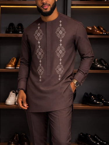 TACOHEAL Ethnic Embroidered Round Neck Men's Pants Set