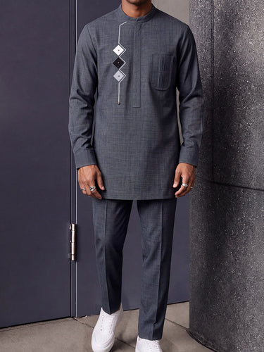TACOHEAL Mandarin Collar Geometric Detail Men's Set