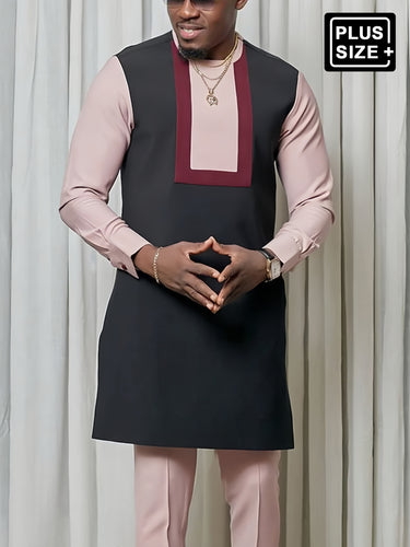 TACOHEAL Plus Size African Pink Colorblock Long Sleeve Men's Set