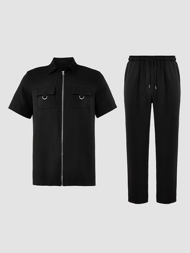 TACOHEAL Zip-Up Black Short Sleeve Men's Set
