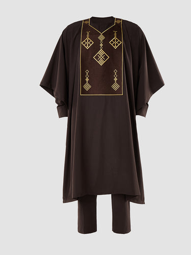 TACOHEAL Brown Embroidered 3-Piece Agbada Set For Men