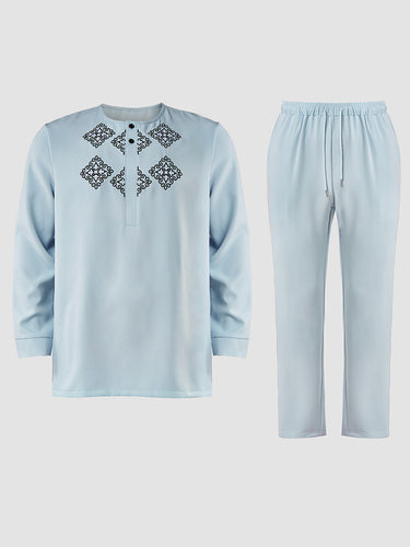TACOHEAL Ethnic Embroidered Long Sleeve Pants Set For Men