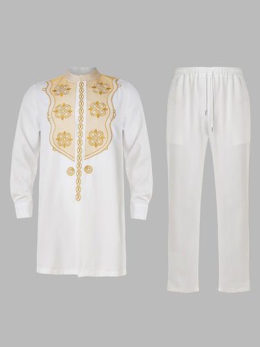 TACOHEAL White Embroidered Long Sleeve Men's Pants Set