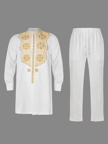 TACOHEAL White Embroidered Long Sleeve Men's Pants Set