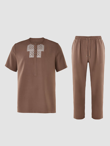 TACOHEAL Embroidered Brown Short Sleeve Men's Set