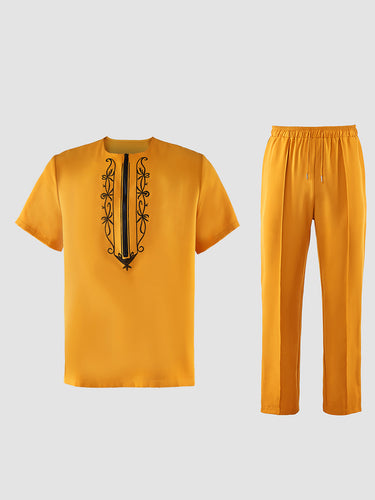 TACOHEAL African Embroidery Short Sleeve Pants Set For Men