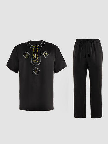 TACOHEAL African Embroidery Short Sleeve Men's Pants Set