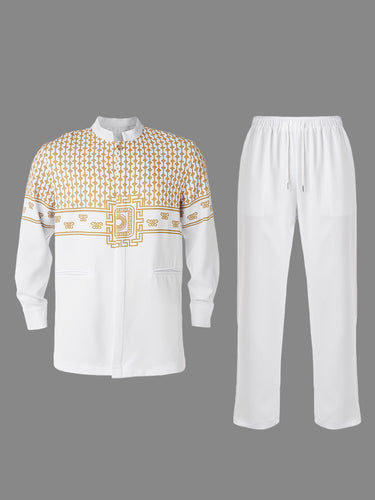 TACOHEAL Printed Long Sleeve White Men's Pants Set
