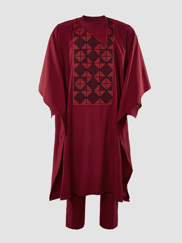 TACOHEAL Men's Embroidery Red Agbada 3 Pieces Set