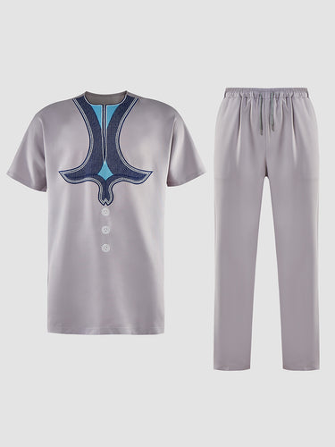 TACOHEAL Short Sleeve Ethnic Exquisite Embroidered Men's Set