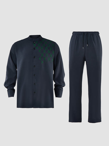 TACOHEAL Embroidered Button Down Long Sleeve Men's Set