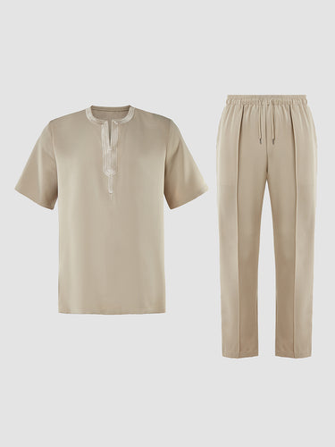 TACOHEAL Solid Embroidered Short Sleeve Men's Set