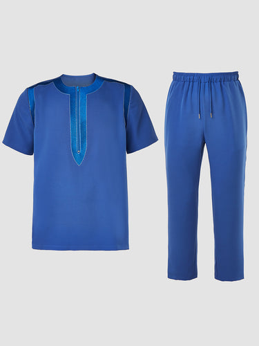 TACOHEAL Embroidered Blue Short Sleeve Men's Set