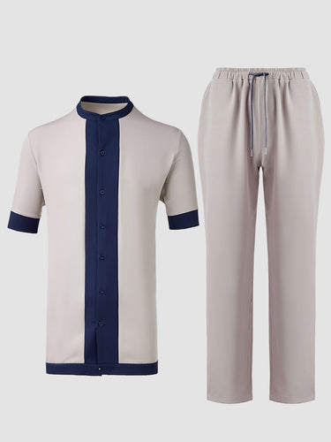 TACOHEAL Plus Size Colorblock Short Sleeve Button Men's Set