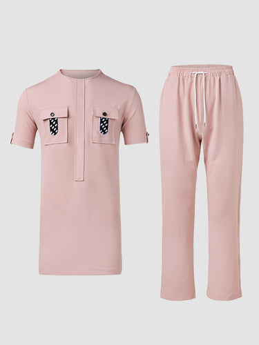 TACOHEAL Round Neck Embroidered Short Sleeve Men's Set