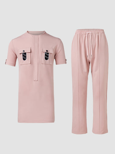 TACOHEAL Plus Size Embroidery Short Sleeve Men's Set