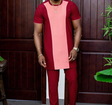 African Red Colorblock Short Sleeve Men's Set