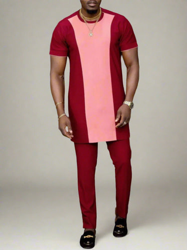 TACOHEAL African Red Colorblock Short Sleeve Men's Set