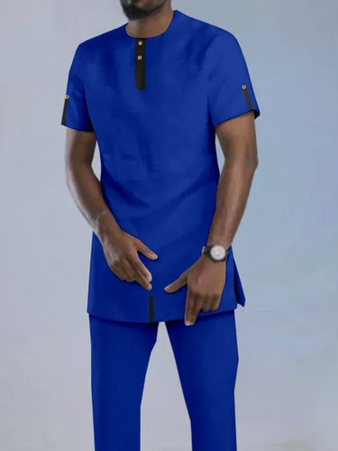 TACOHEAL African Casual Blue Short Sleeve Men's Set