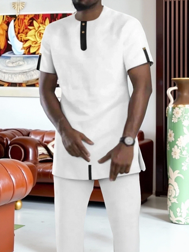 TACOHEAL African Casual White Short Sleeve Men's Set