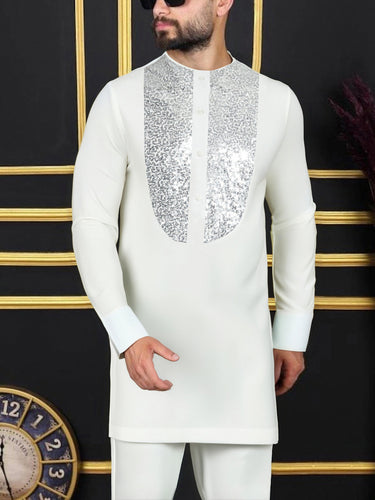 TACOHEAL Sequin White Long Sleeve Men's Pants Set