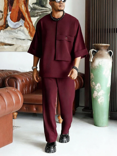 TACOHEAL New Black Round Neck Men's Pants Set