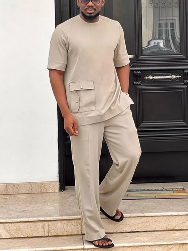 Casual Round Neck Men's Pants Set With Pocket