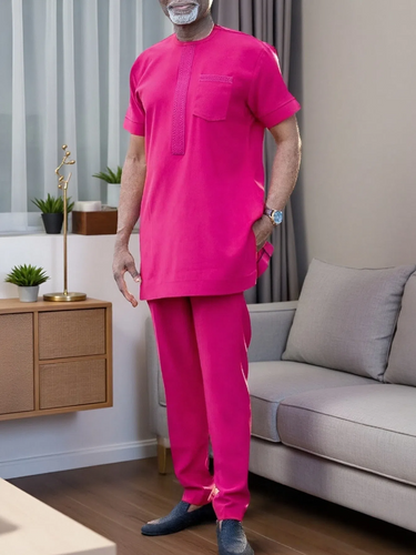 Round Neck Short Sleeve Embroidered Men's Set