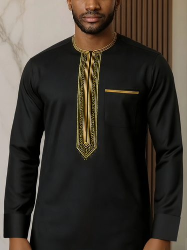 Long Sleeve Embroidered Black Men's Shirt