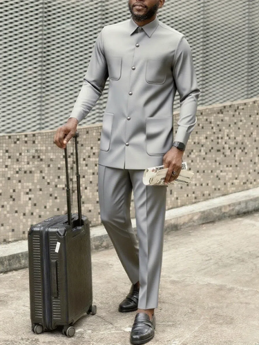 Long Sleeve Button Down Grey Men's Set
