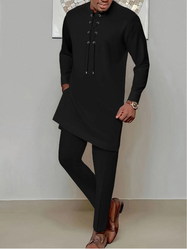 Long Sleeve Black Drawstring Men's Pants Set
