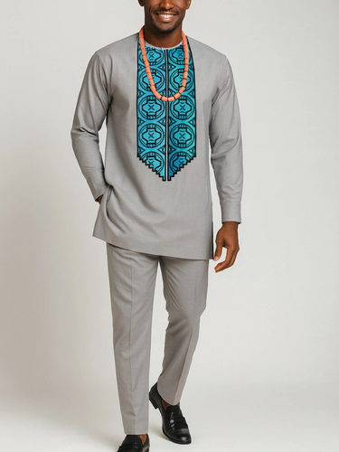 TACOHEAL Ethinc Embroidered Long Sleeve Men's Pants Set