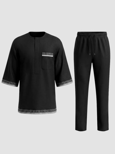 TACOHEAL Embroidered Round Neck Men's Pants Set