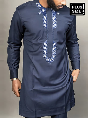 TACOHEAL Plus Size Blue Dashiki Ethnic Embroidered Men's Set