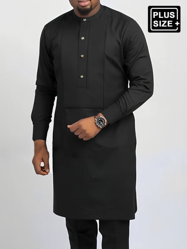 Plus Size Black Plain Button Long Sleeve Men's Set