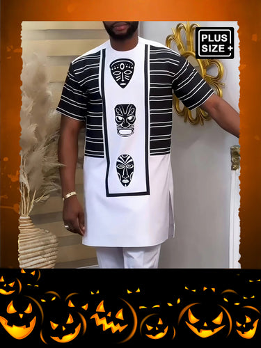 TACOHEAL Plus Size Traditional Ethnic Print Men's Set