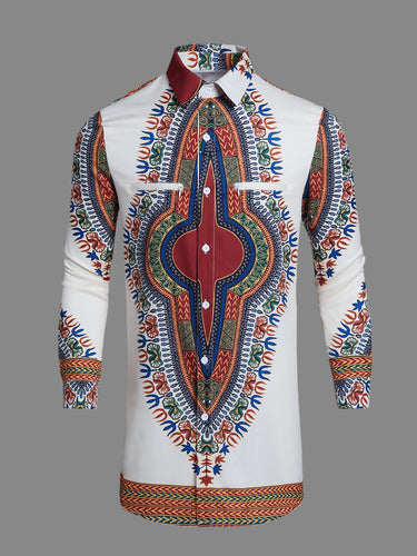 TACOHEAL New Turndown Collar Ethnic Printed Long Sleeve Men's Shirt