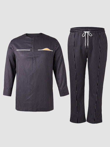 TACOHEAL Plus Size Striped Print Long Sleeve Men's Set