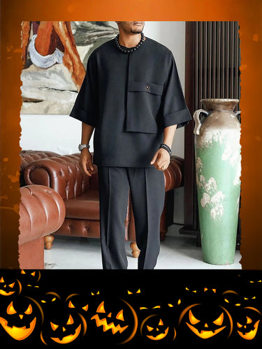 TACOHEAL New Black Round Neck Men's Pants Set