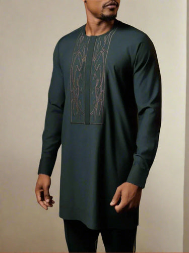 TACOHEAL African Round Neck Embroidered Green Men's Set