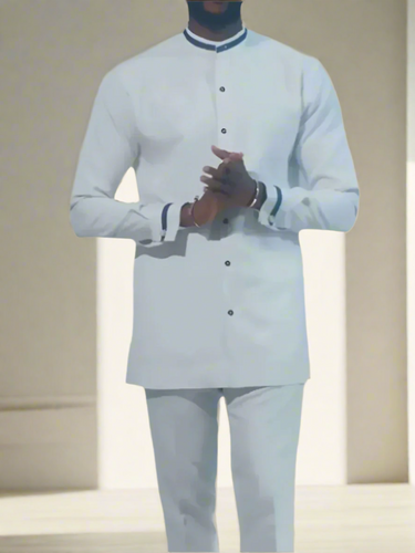 TACOHEAL Band Collar Button White Print Men's Party Set
